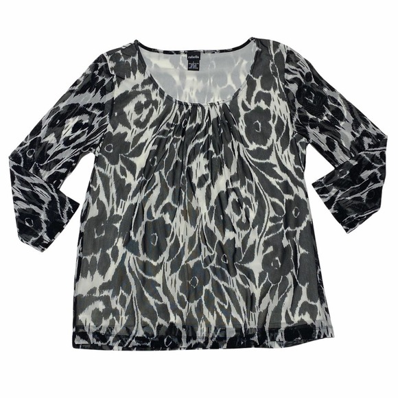 RAFAELLA Sheer Black & White Floral Print Long Sleeve Round Neck Blouse - Picture 1 of 11